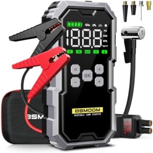 BSMOOM 6000A Booster Batterie Voiture avec Gonfleur 150PSI,12V Jump Starter Portable Booster Batterie (Jusqu’à All Gaz Ou 10.0L Diesel) avec 400 Lumière LED 4 Modes, Grand Écran,Charging USB-C